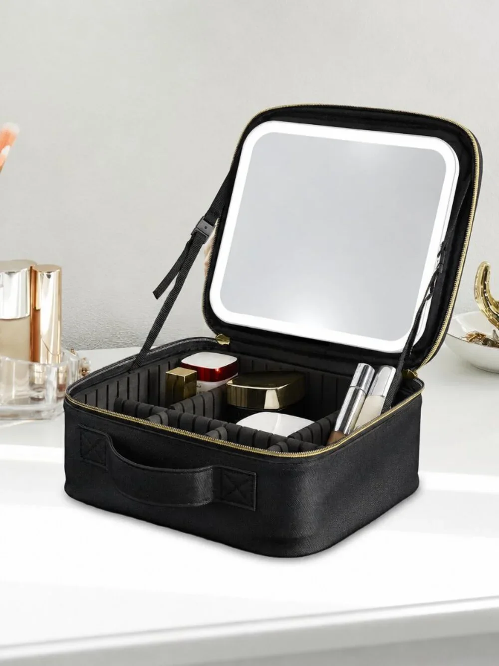 LED Lighted Makeup Train Case Travel Cosmetic Organizer Black USB Rechargeable